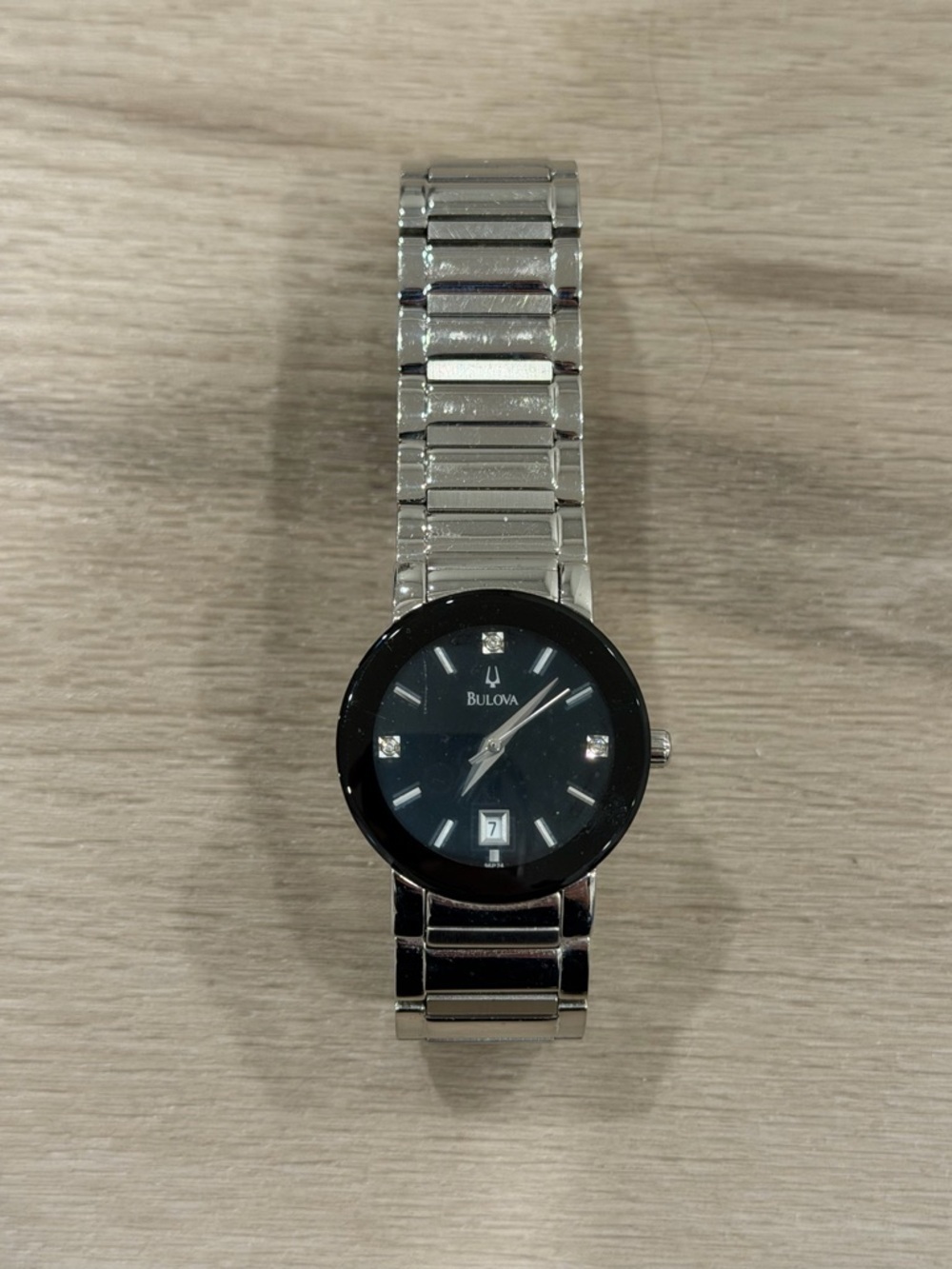 Bulova Modern Men's Watch Black Dial 3-Diamond Markers Stainless Steel 96D18